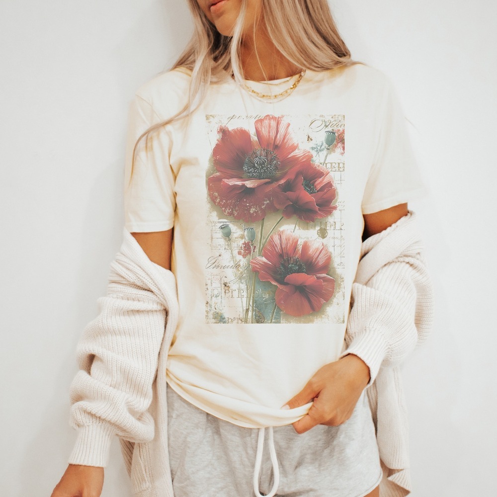 Vintage Poppy Botanical Graphic Tee Red Flower Nostalgic Design